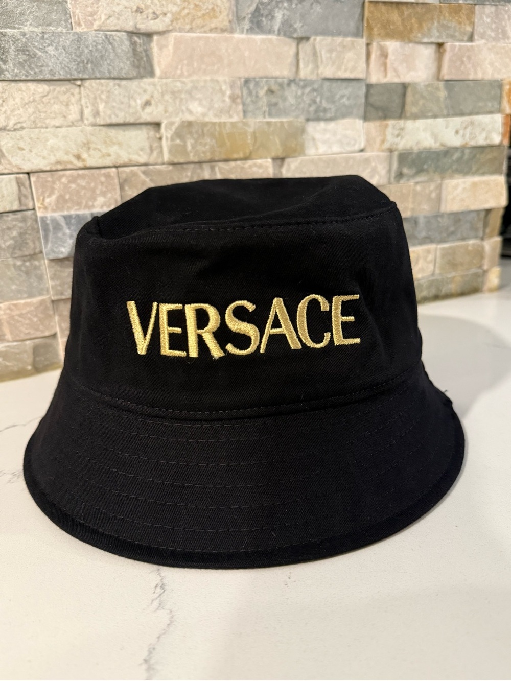 Versace Black Bucket Hat with Gold Logo Embroidery image 2